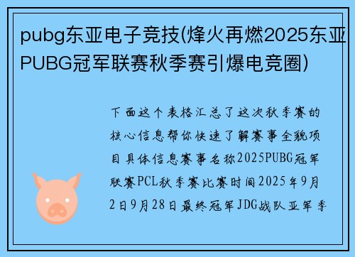 pubg东亚电子竞技(烽火再燃2025东亚PUBG冠军联赛秋季赛引爆电竞圈)
